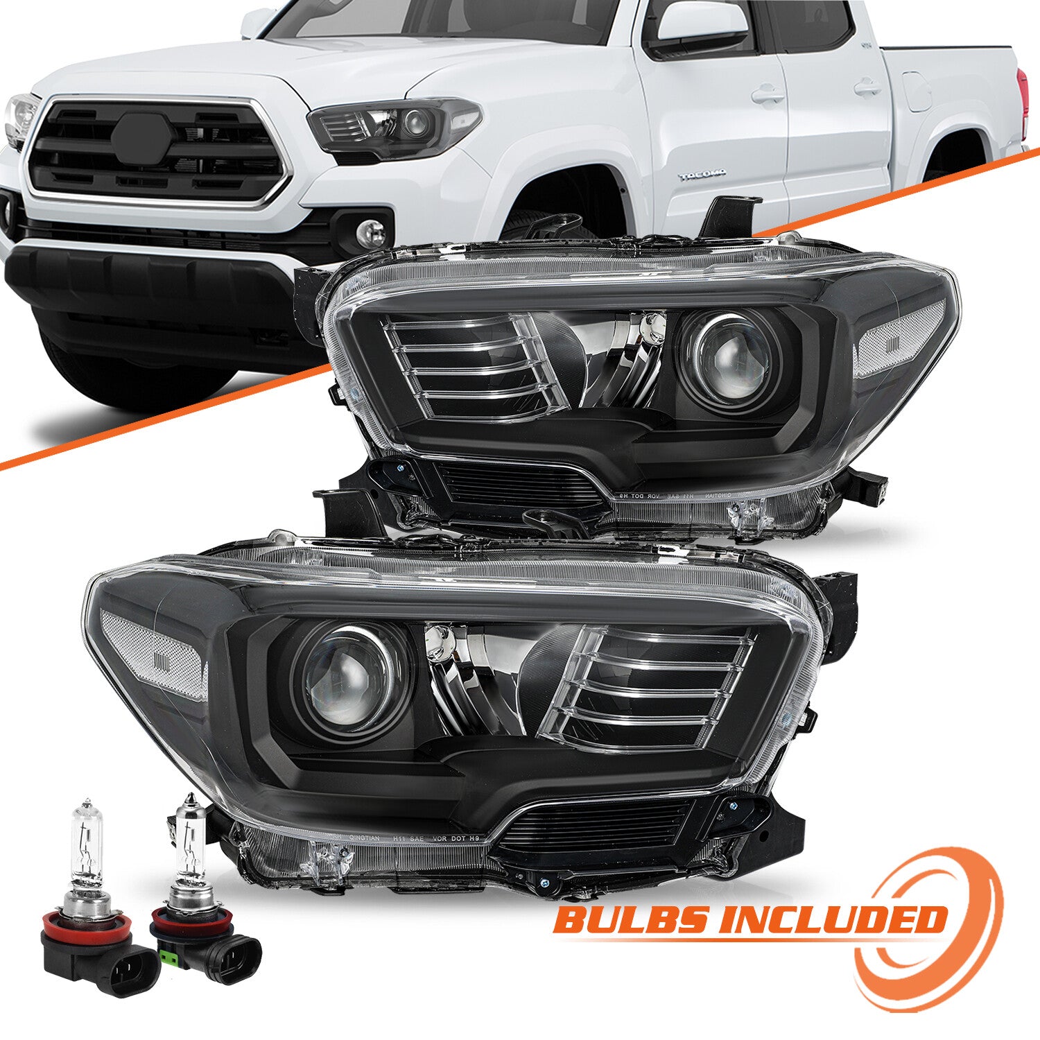 For 2016-2022 Toyota Tacoma Halogen W/O LED DRL Headlights Black Headlamps Pair