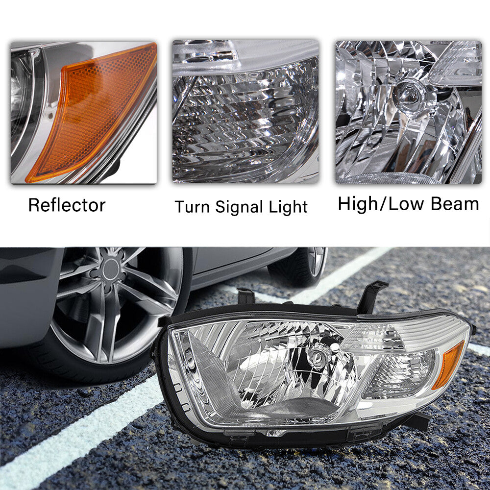 For 2008-2010 Toyota Highlander Chrome Housing Headlights Amber Corner Lamps L+R