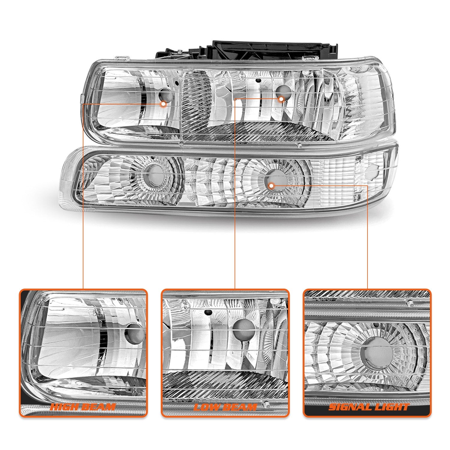 Chrome Headlights For 99-02 Chevy Silverado 00-06 Suburban Tahoe Bumper Lamps