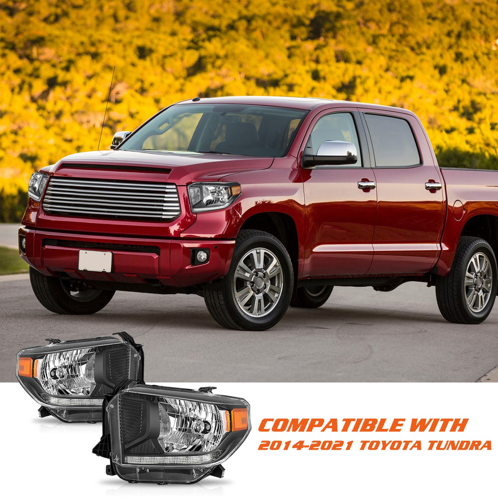 For 2014-2021 Toyota Tundra Headlight Halogen w/LED DRL Headlamp Assembly Black