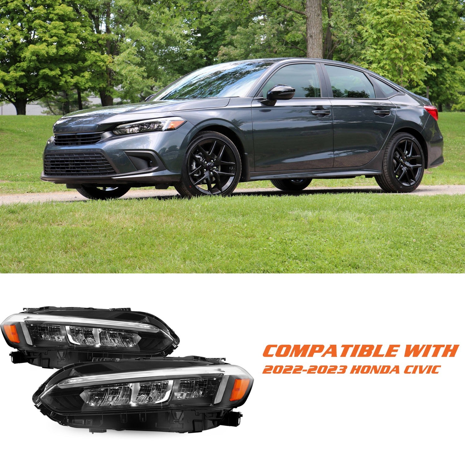 For 2022 2023 Honda Civic Chrome Full LED Headlights Assembly Pair 22-23