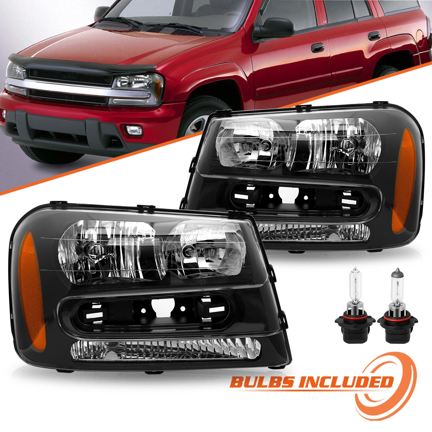 For 2002-2009 Chevrolet Trailblazer Black Headlights Assembly w/Bulb L+R Sets