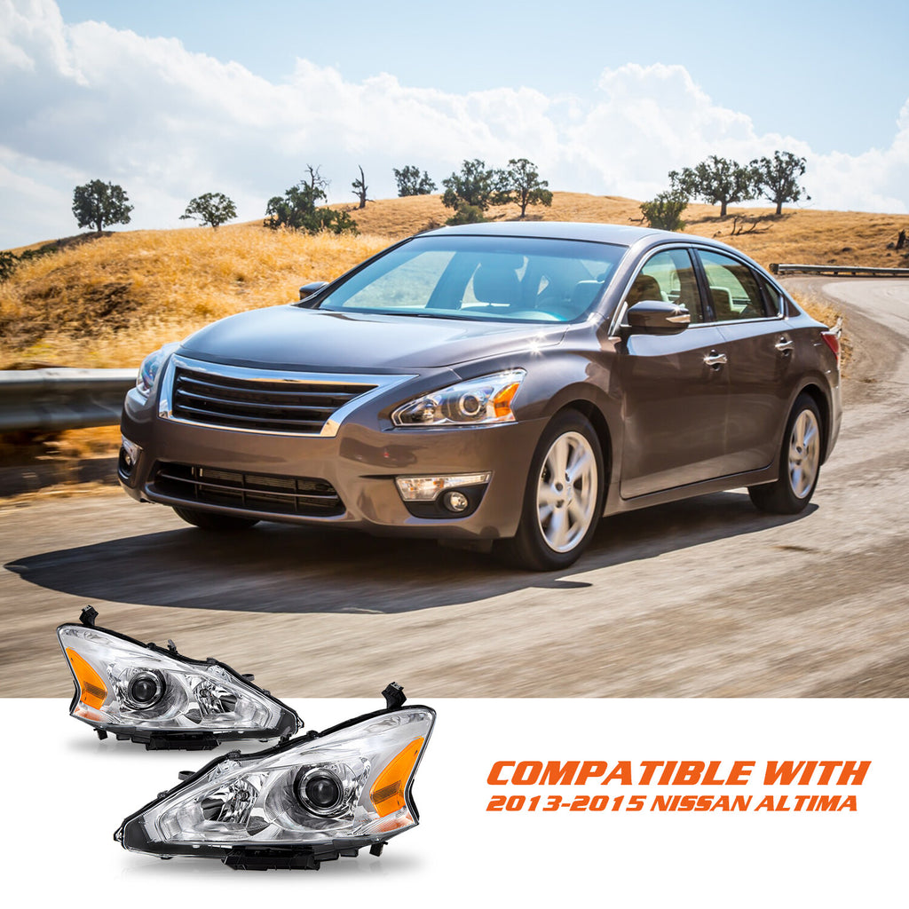 For 2013-2015 Nissan Altima 4-Dr Sedan Chrome Headlights Amber Corner Lamps Pair