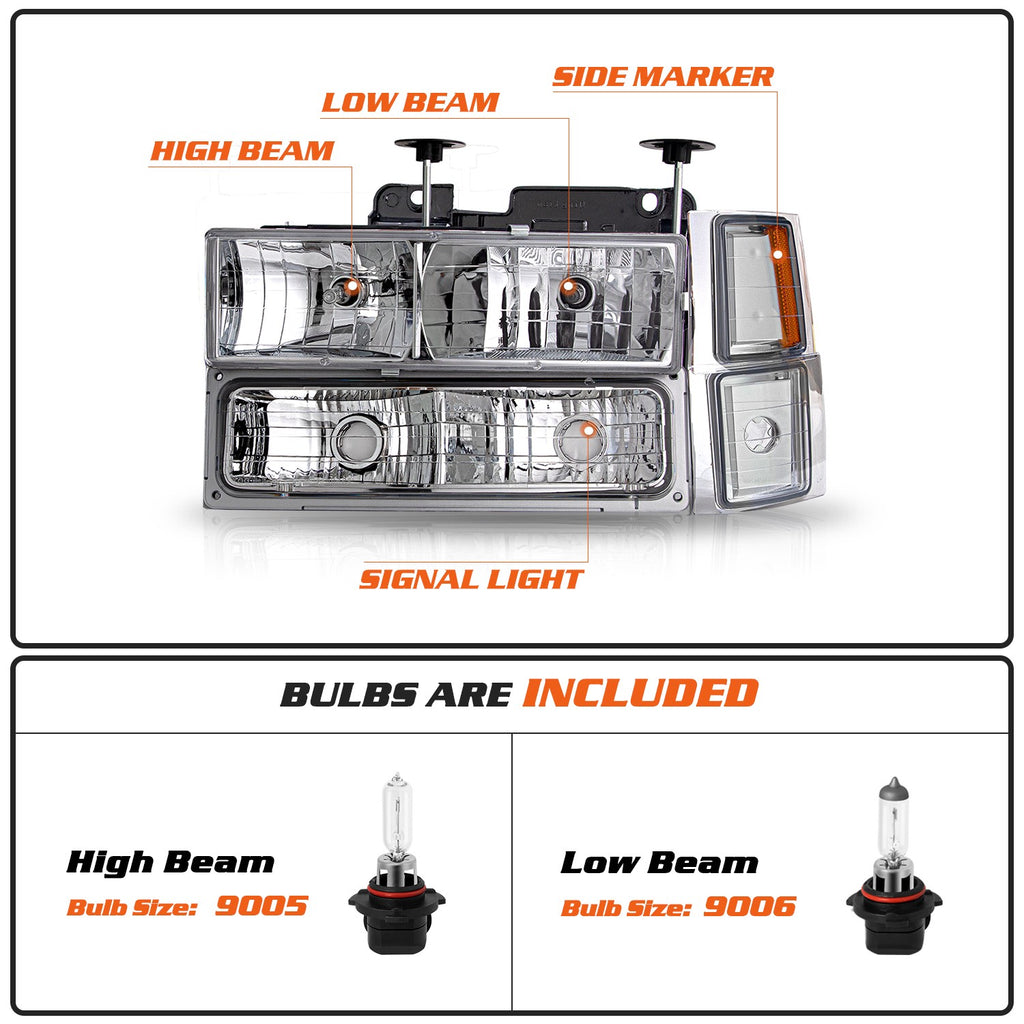 For 94-98 Chevy Silverado C10 C/K 1500 2500 3500 Chrome Headlights LH+RH w/Bulbs