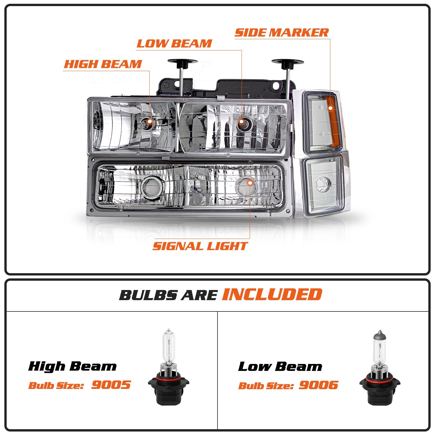 For 94-98 Chevy Silverado C10 C/K 1500 2500 3500 Chrome Headlights LH+RH w/Bulbs