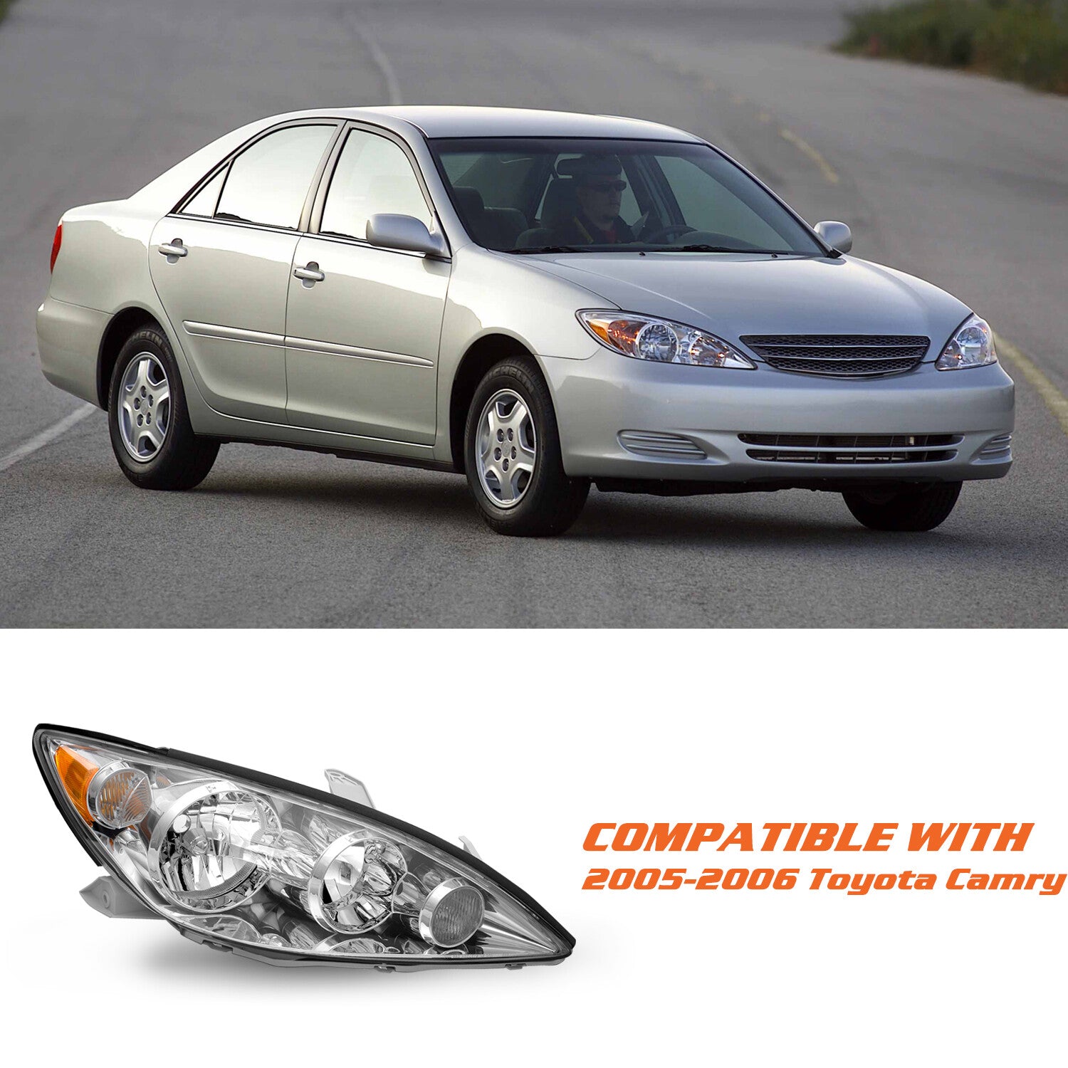 For 05-06 Toyota Camry Passenger Side Headlamp Chrome Amber Halogen Headlight