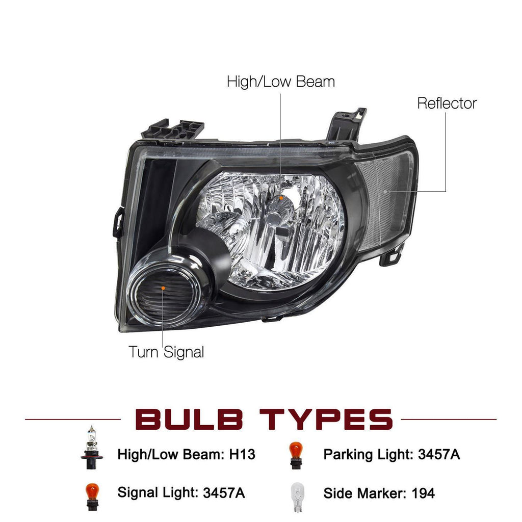 For 2008-2012 Ford Escape SUV Black Headlights Headlamps Pair LH+RH