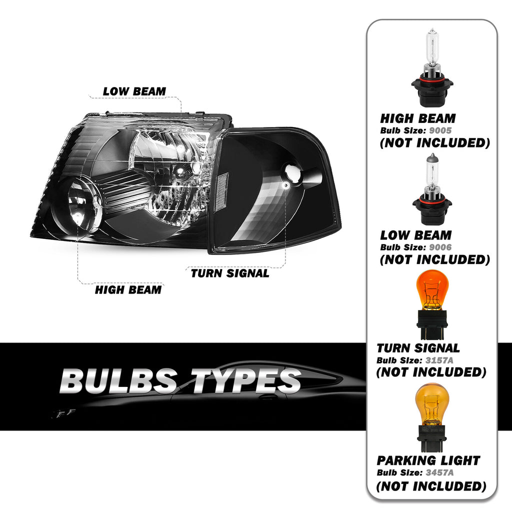 Black Headlights+Corner Signal Lights L+R For 2002 2003 2004 2005 Ford Explorer