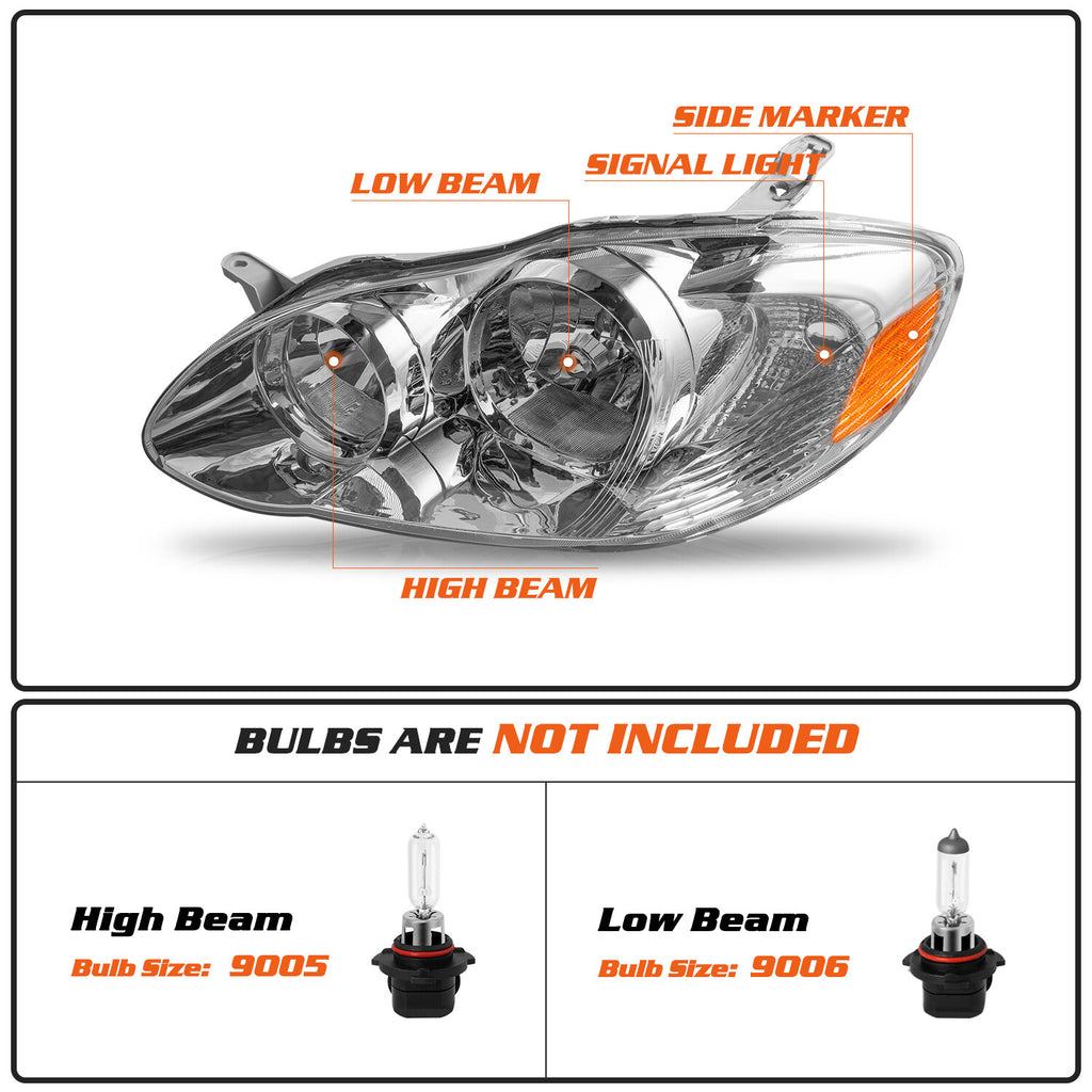 For 2003-2008 Toyota Corolla Chrome Headlights Amber Corner Headlamps Left+Right