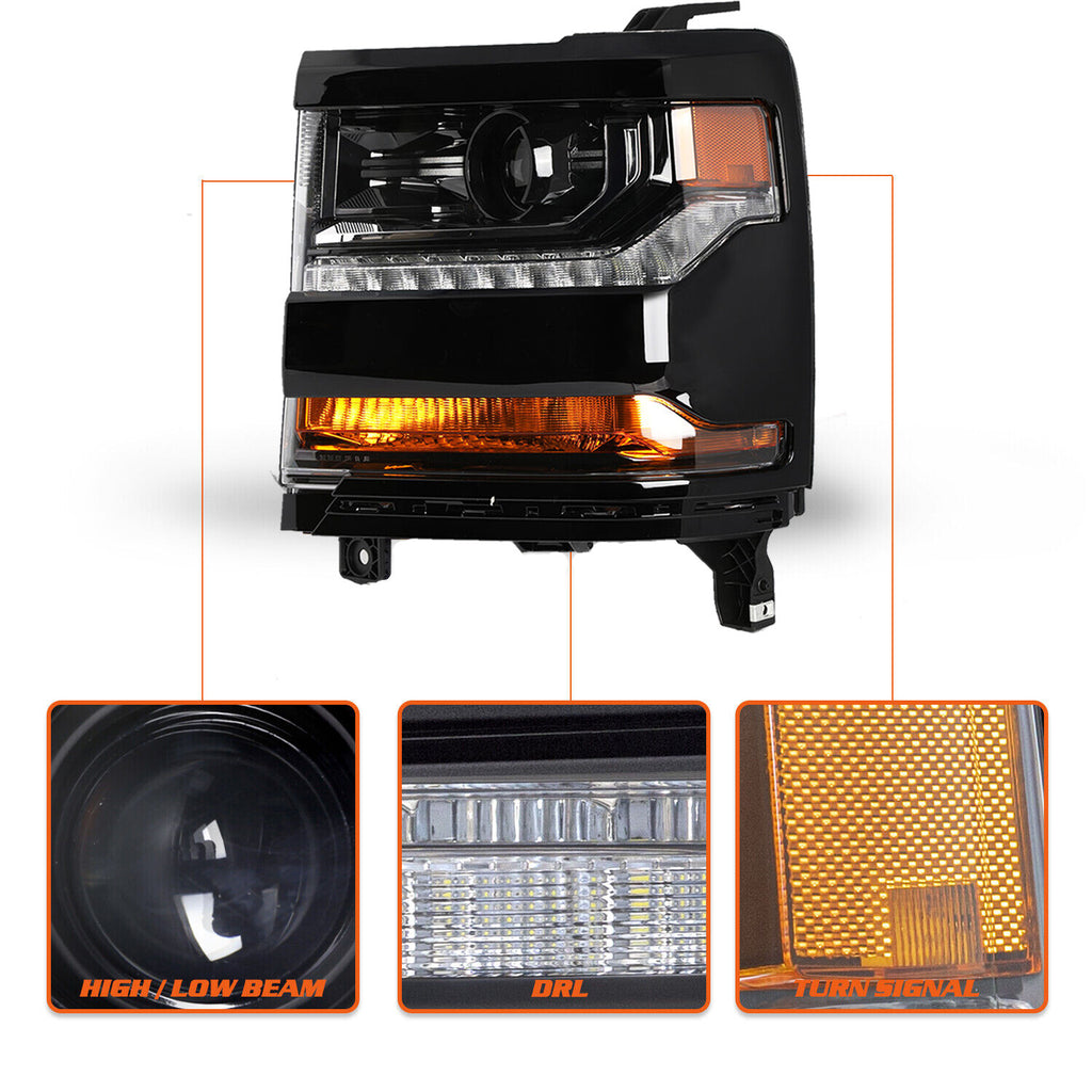 【Gloss Black 】For 2016-2018 Chevy Silverado 1500 HID/Xenon Headlights w/ LED DRL