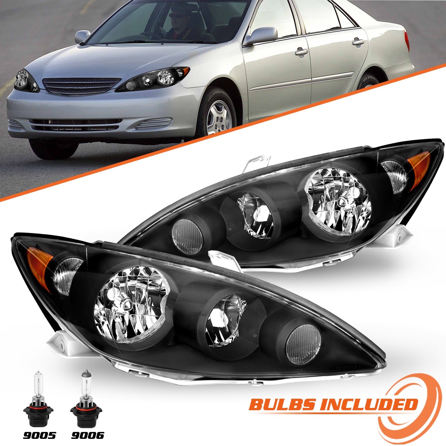 Headlights Fits 2005-2006 Toyota Camry Replacement Headlamps Left+Right w/Bulbs
