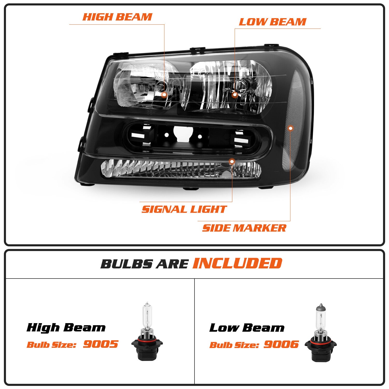 For 2002-2009 Chevy Trailblazer Black Housing Headlights Headlamps Assembly PAIR