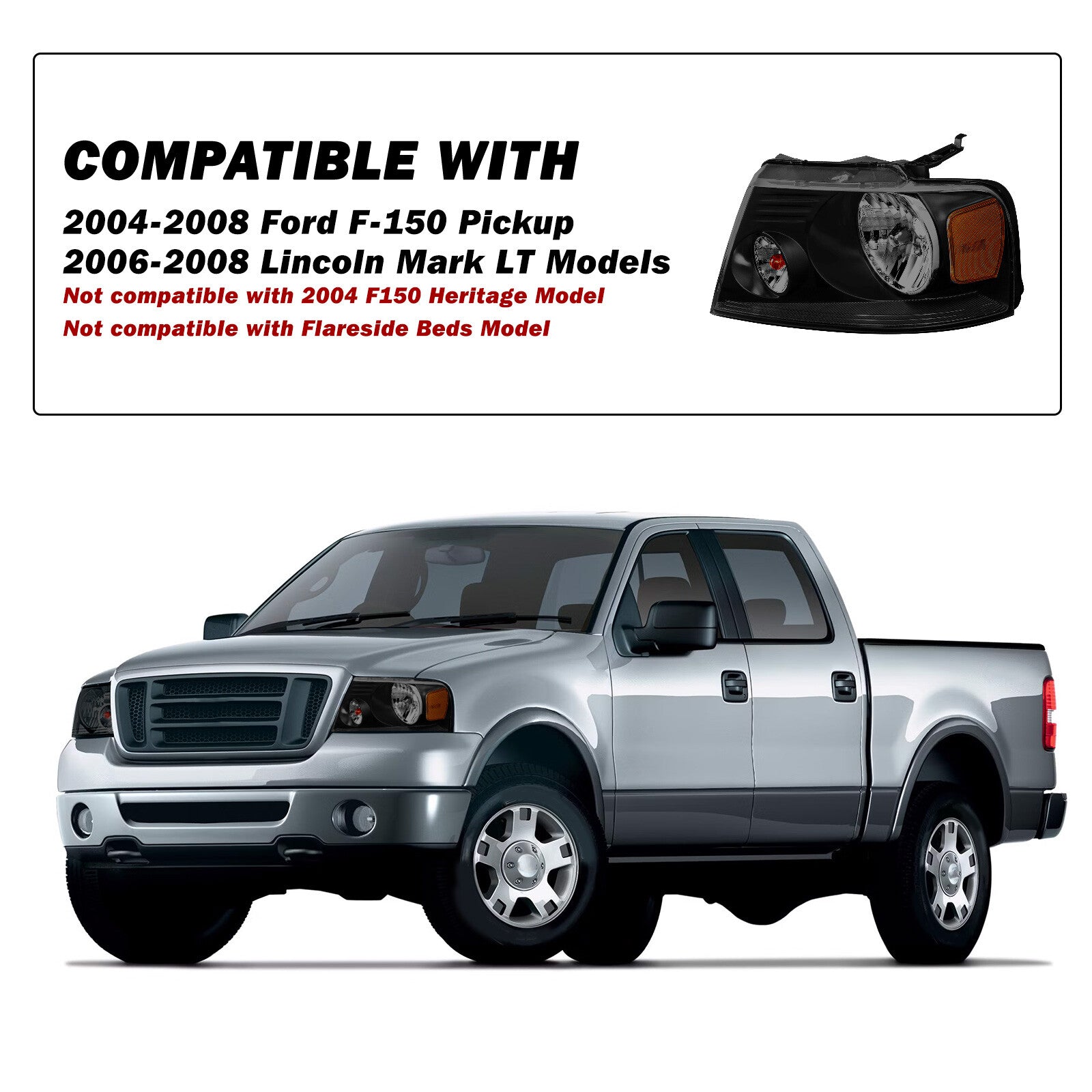 For 2004-2008 Ford F150 Black Housing Smoke Lens Headlights Lamps LH+RH