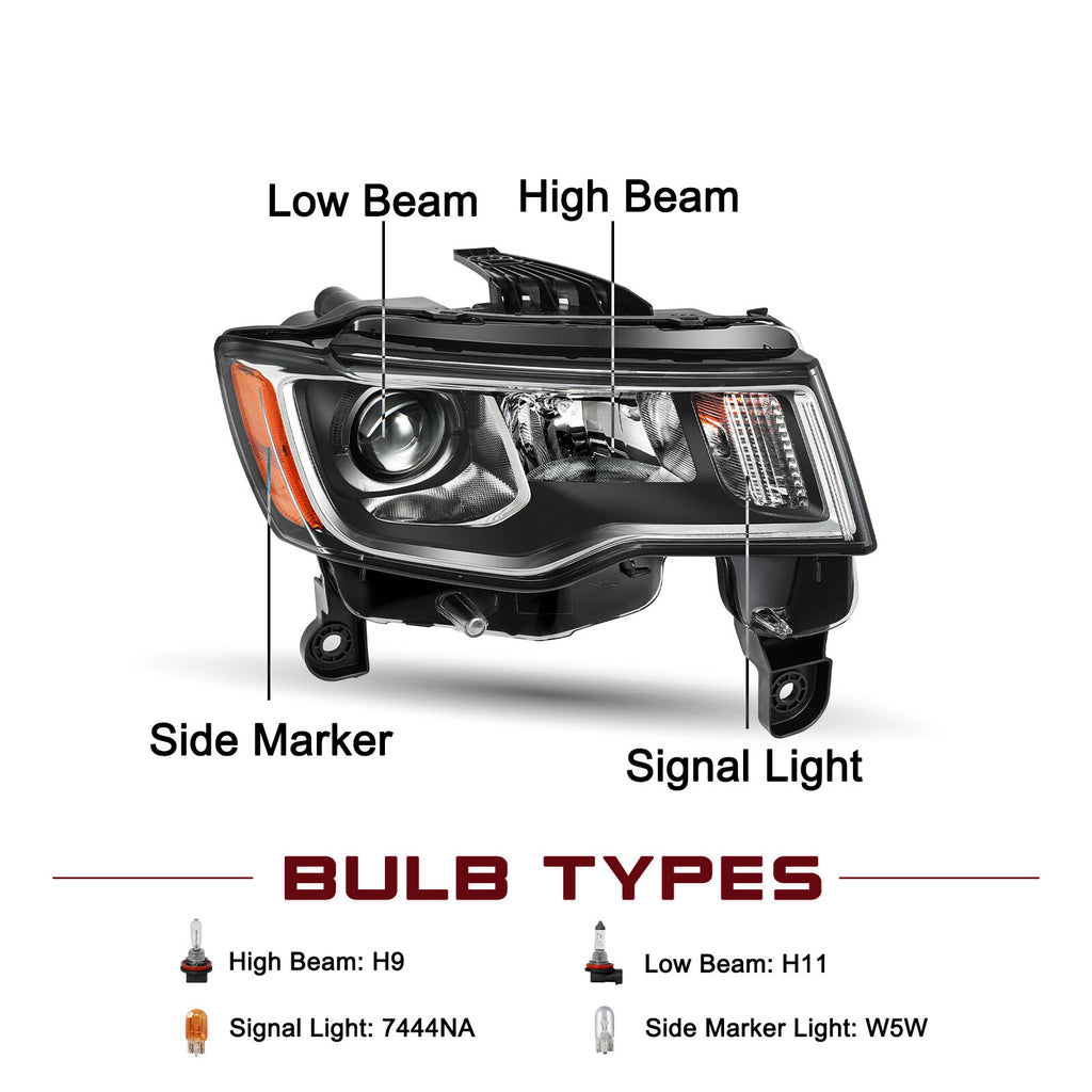 Chrome Trim Projector Halogen Headlight For 2017-2021 Jeep Grand Cherokee Pair