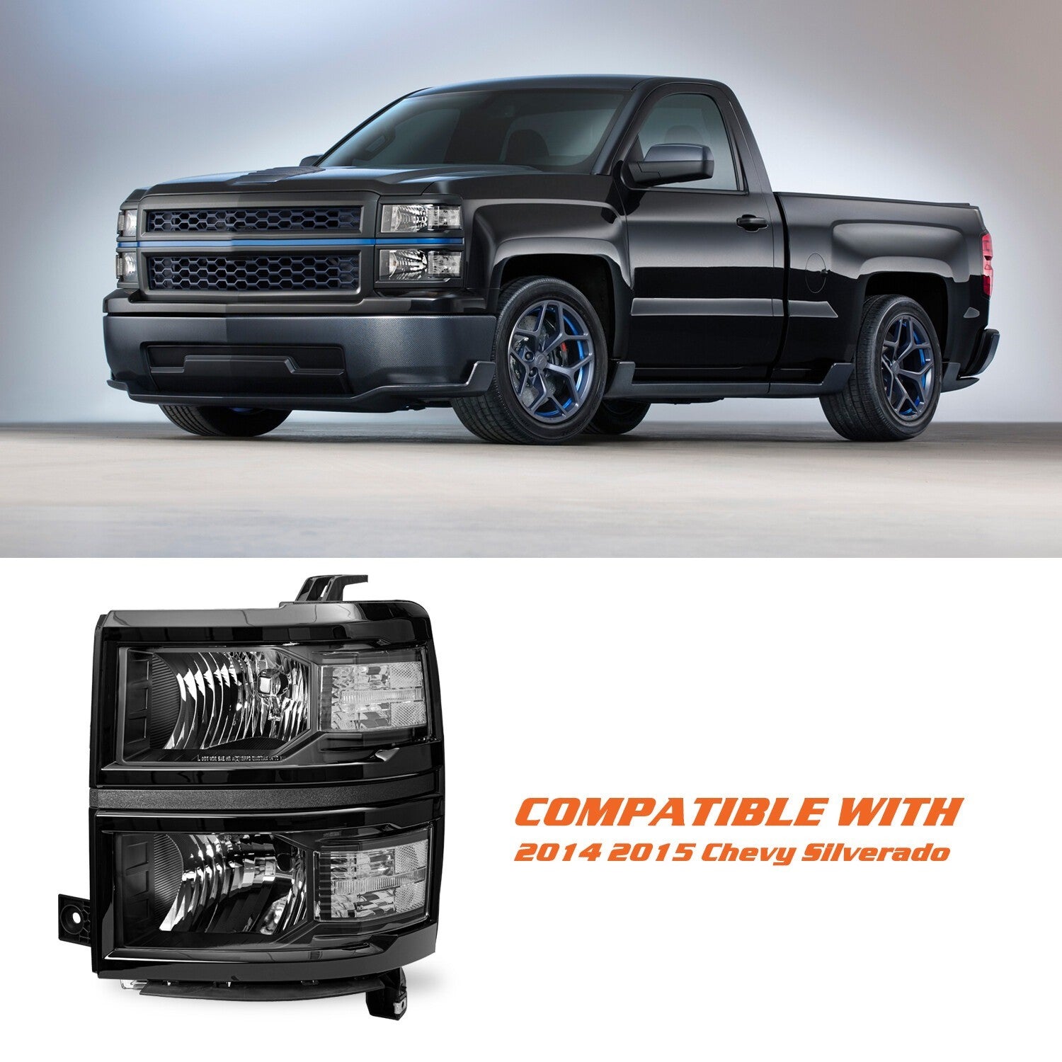 Black Headlights For 2014-2015 Chevy Silverado 1500 Pickup Headlamps