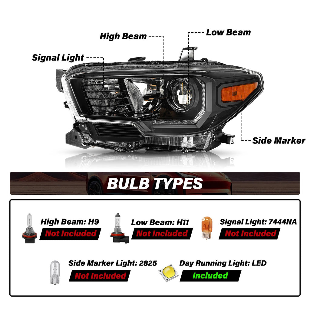 For 2016-2022 Toyota Tacoma w/ LED DRL Black Headlights Amber Corner Lamps Pair