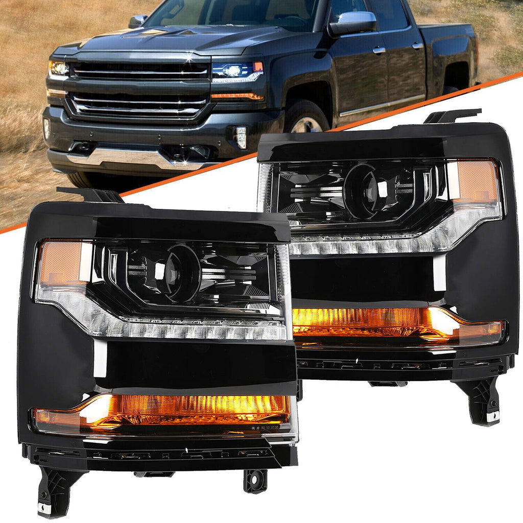 【Gloss Black 】For 2016-2018 Chevy Silverado 1500 HID/Xenon Headlights w/ LED DRL