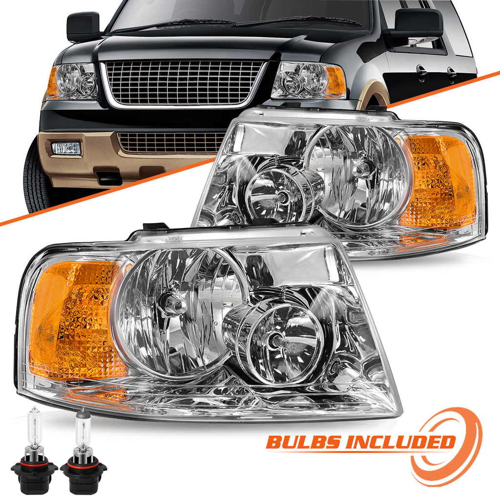 Pair Headlights Assembly For 2003-2006 Ford Expedition Chrome Housing W/Bulbs