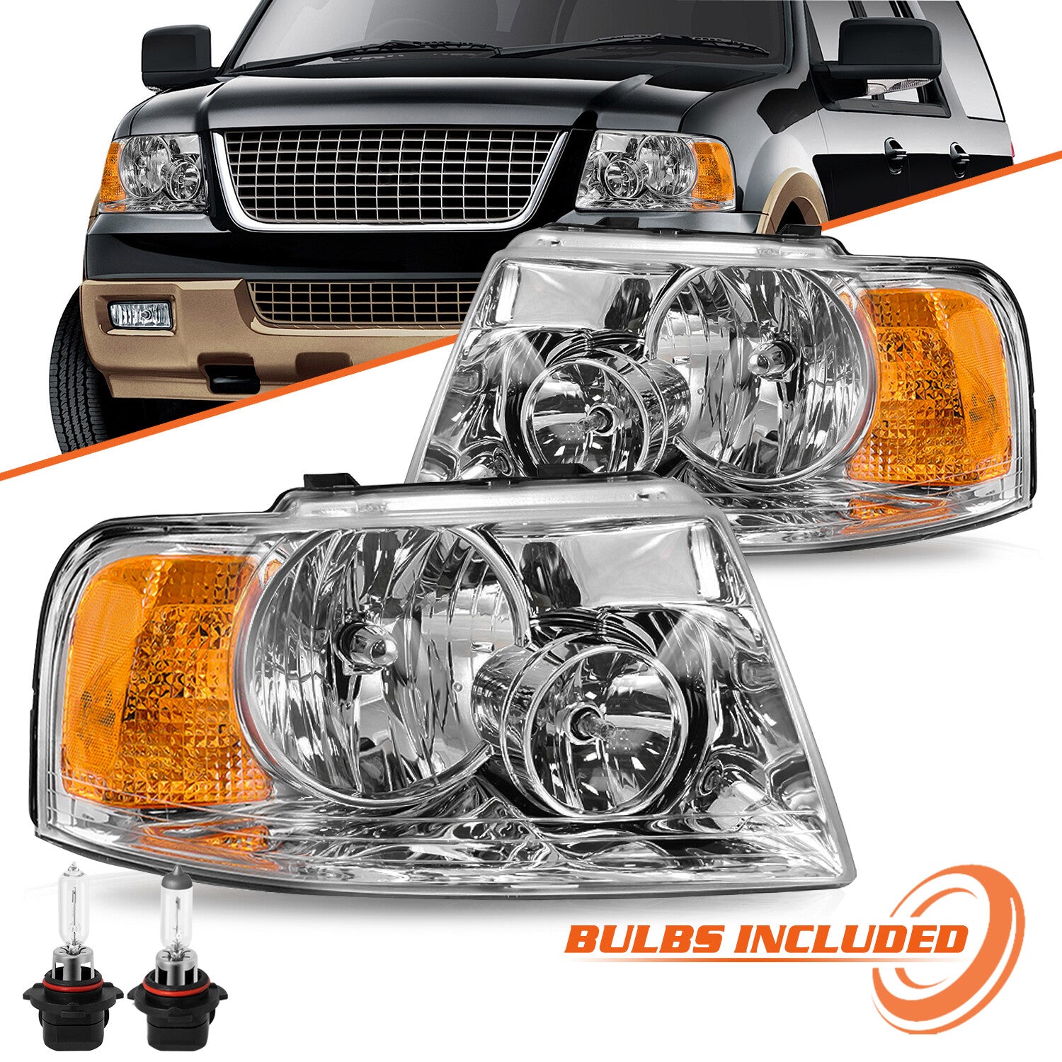 Pair Headlights Assembly For 2003-2006 Ford Expedition Chrome Housing W/Bulbs