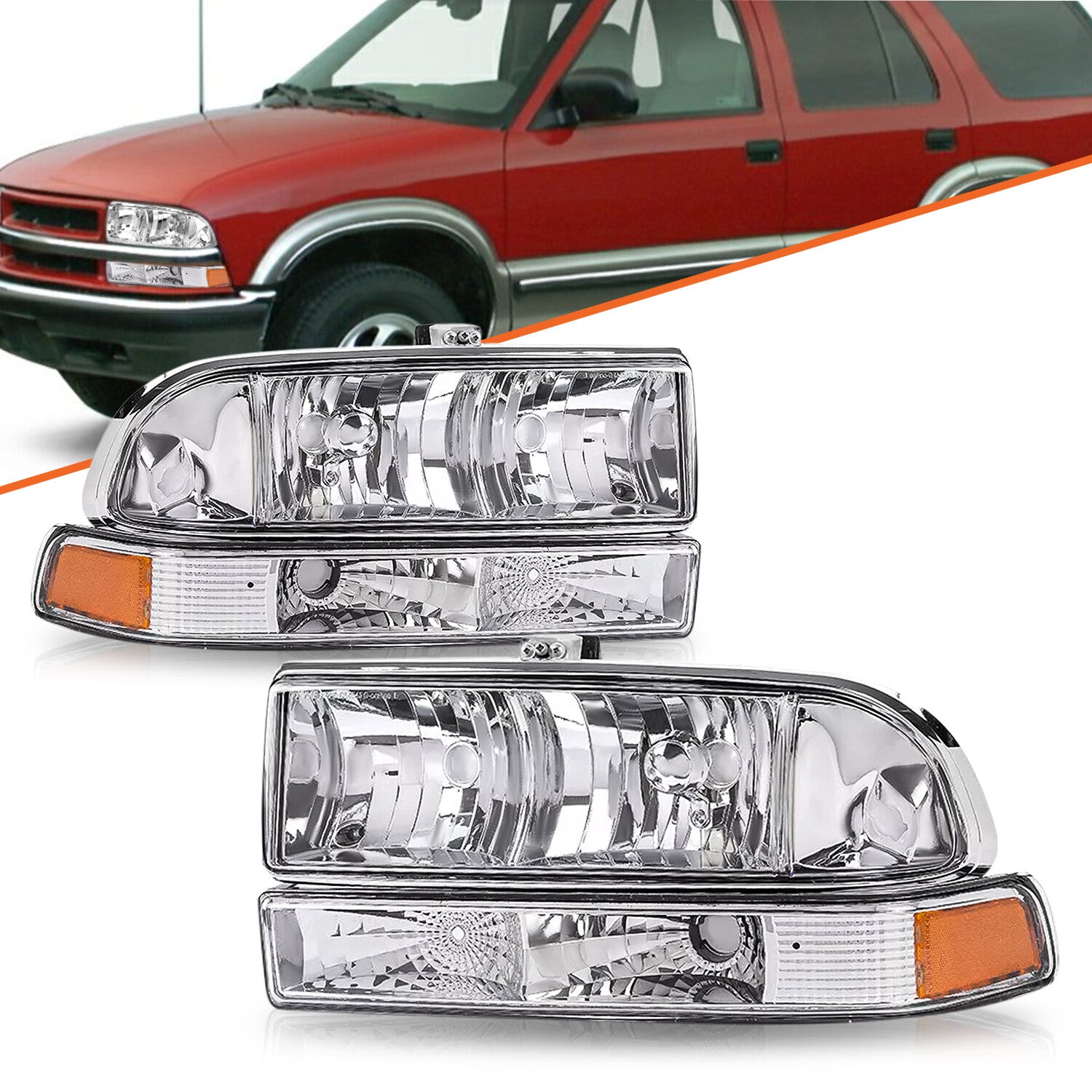 For 1998-2005 Chevy s10 Blazer Chrome/Amber Headlights Bumper Headlamp Assembly