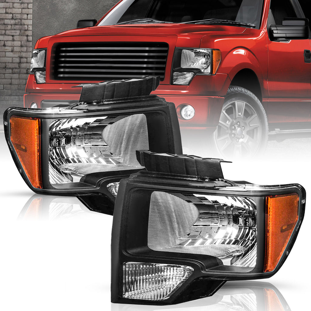 For 2009 2010 2011 2012 2013 2014 Ford F-150 F150 Pickup Black Headlights LH+RH