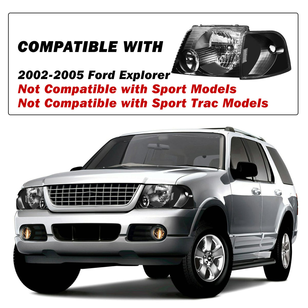 Black Headlights+Corner Signal Lights L+R For 2002 2003 2004 2005 Ford Explorer