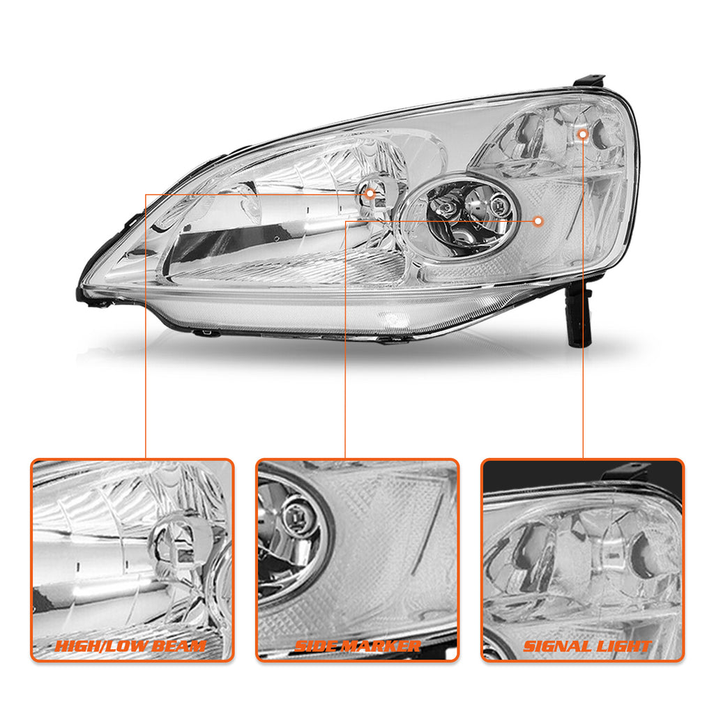 For 2001 2002 2003 Honda Civic Chrome Clear Headlights Assembly Lamps Set