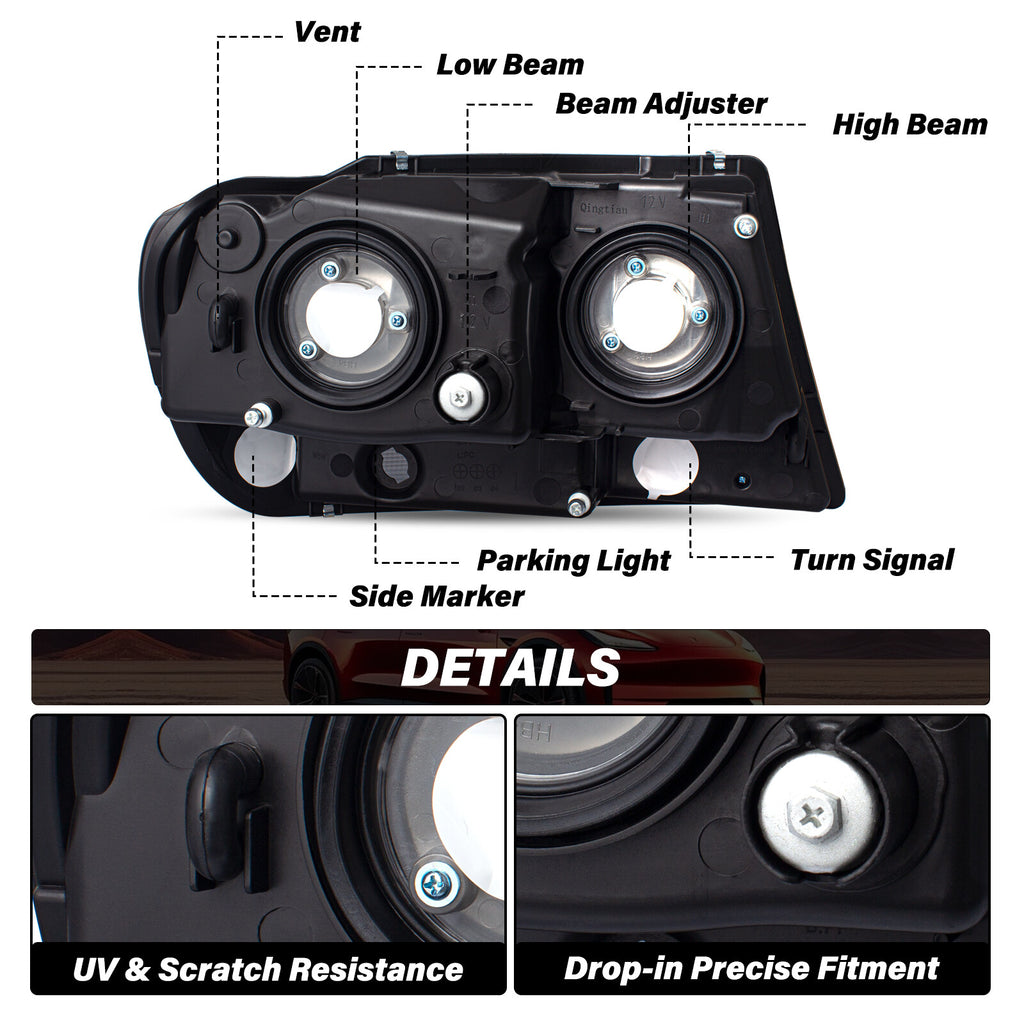 Pair Headlights For 1999-2004 Jeep Grand Cherokee Chrome Headlamps w/ Bulbs