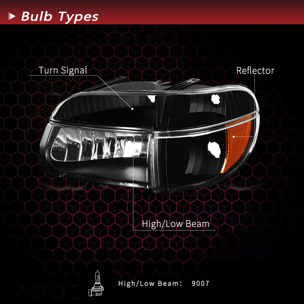 For 1995-2001 Ford Explorer Black Housing Amber Corner Headlights Lamps W/Bulbs