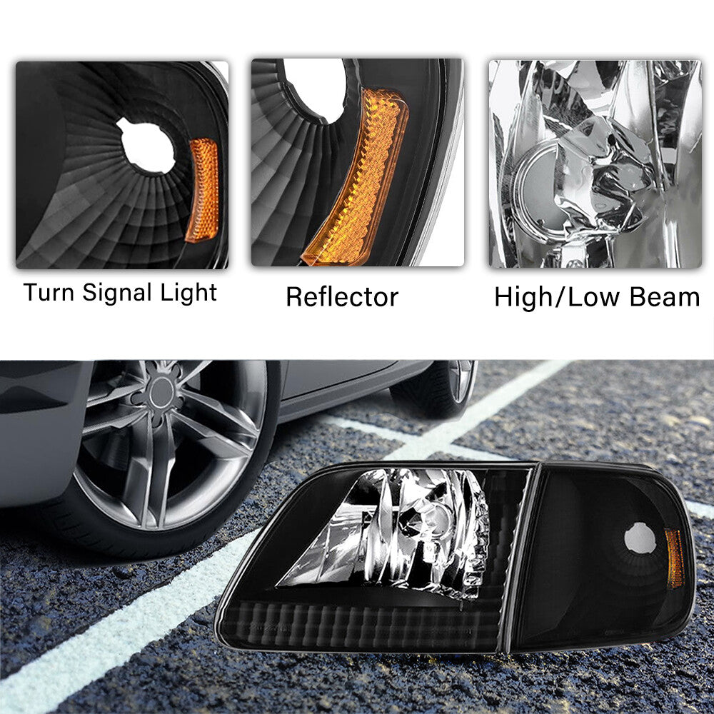 For 1997-2003 Ford F150 97-02 Expedition Black Housing Amber Headlights Assembly