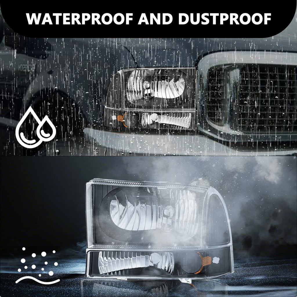 FOR 99-04 FORD F250 F350 SUPER DUTY BLACK HOUSING CLEAR CORNER HEADLIGHT LAMPS