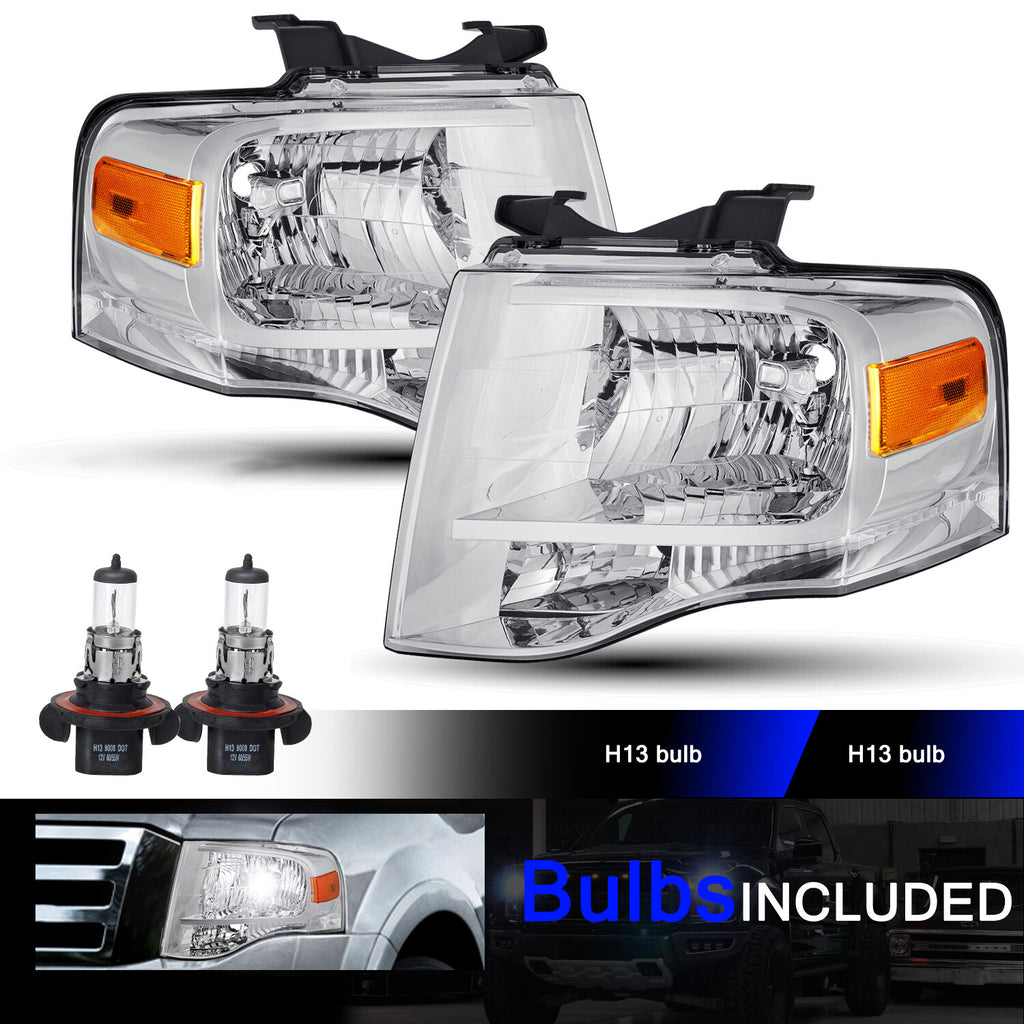 For 2007-2014 Ford Expedition Chrome Headlights Replacement Headlamps w/Bulbs