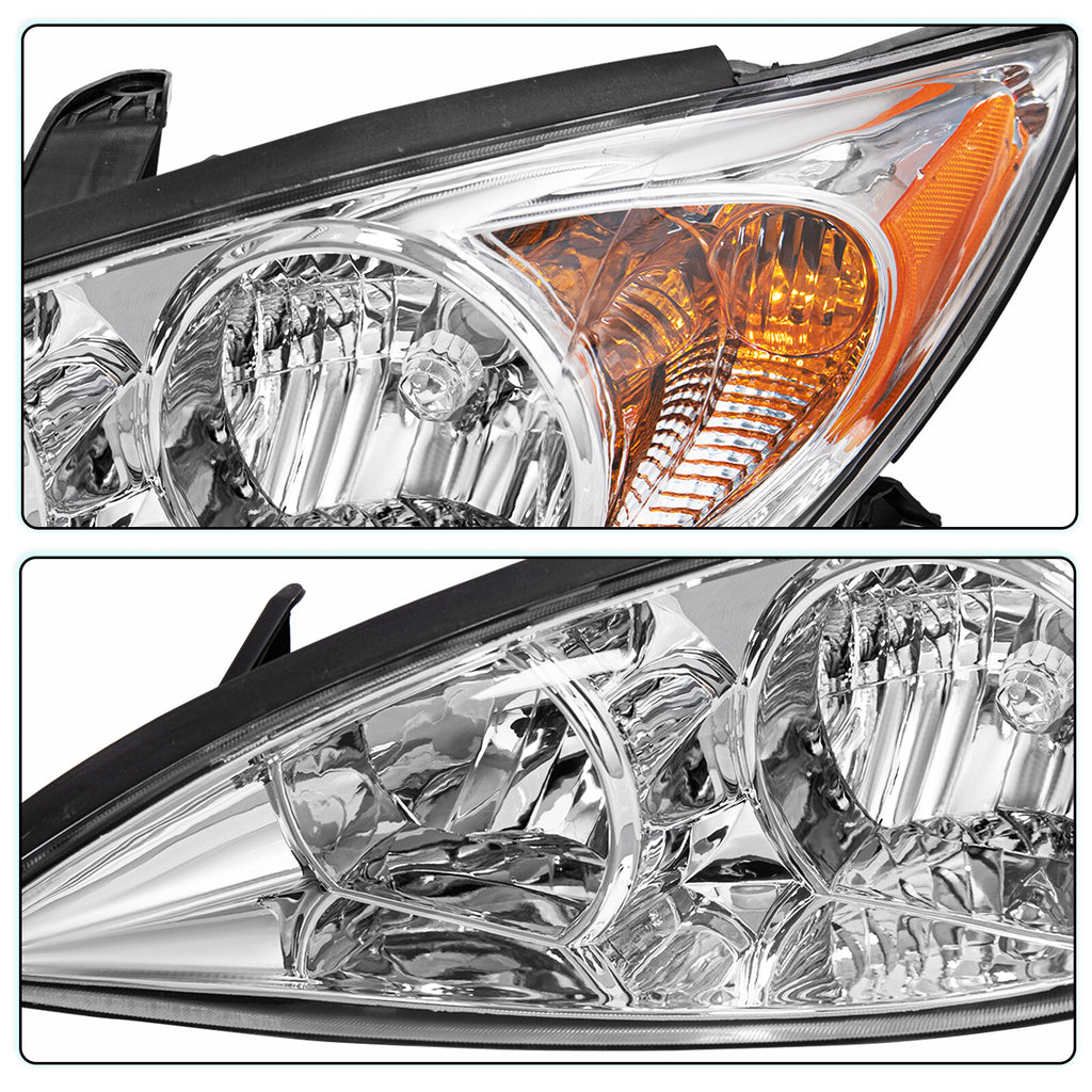 Headlights For 2002 2003 2004 Toyota Camry 4Dr Chrome Amber Headlamps Pairs L+R