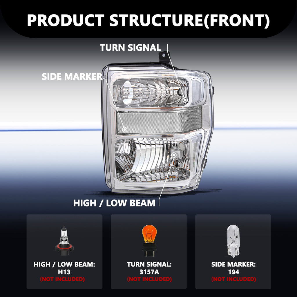 Front Headlights for 2008-2010 Ford F250 F350 Super Duty Chrome Housing Headlamp