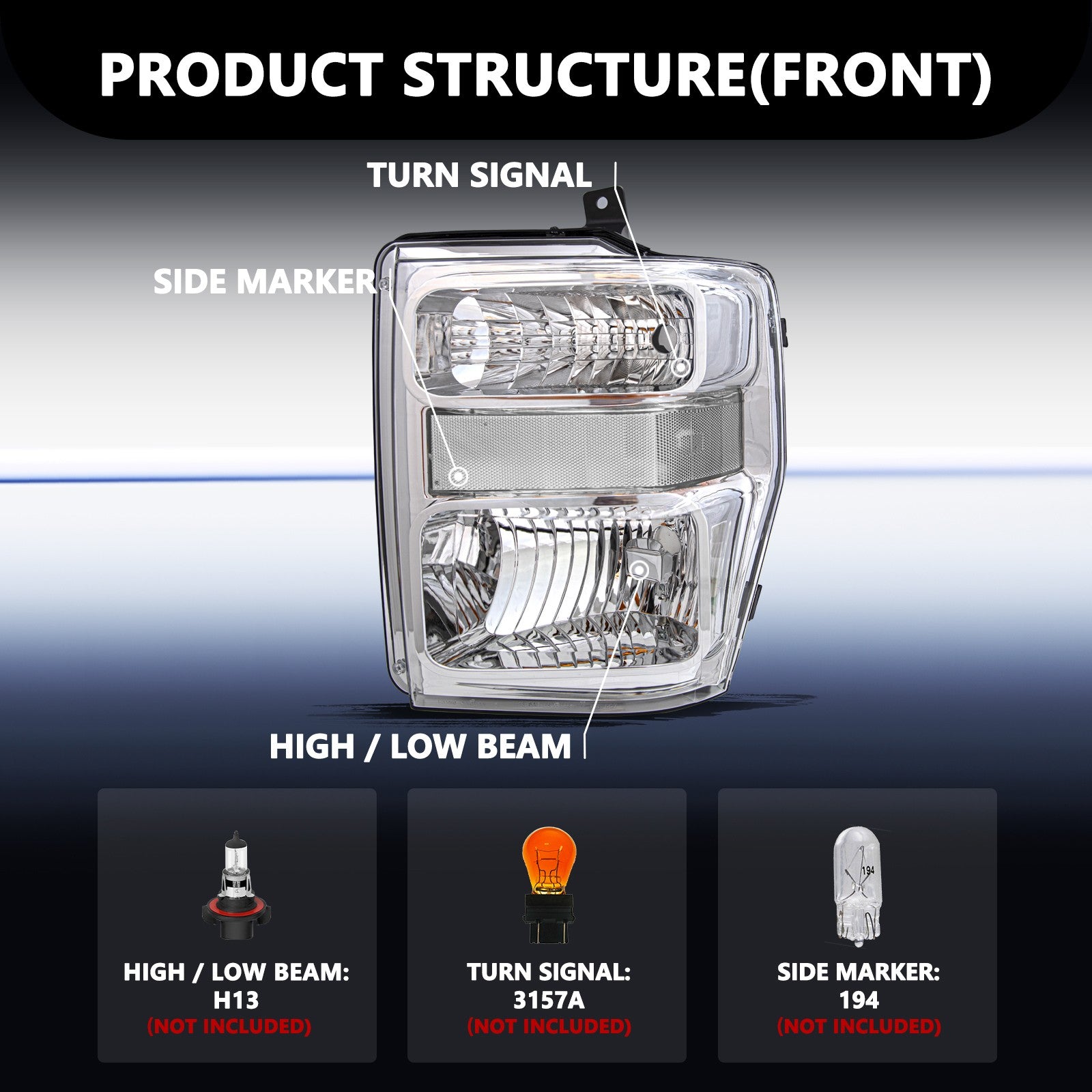 Front Headlights for 2008-2010 Ford F250 F350 Super Duty Chrome Housing Headlamp