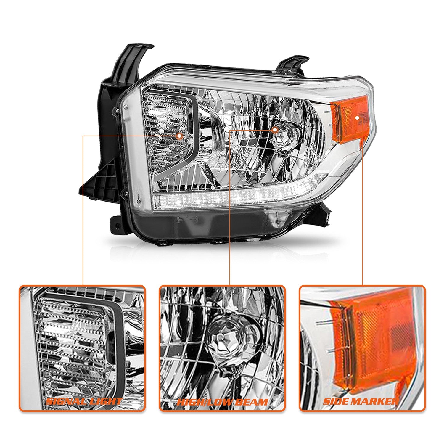 For 2014-2021 Toyota Tundra Headlights LED DRL Chrome Headlamp Pair Left+Right