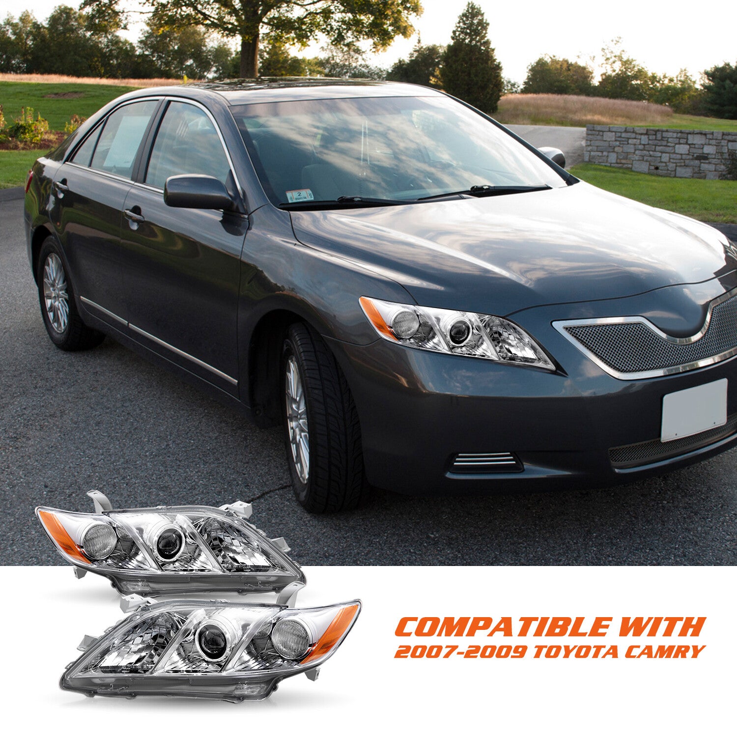 Headlight Assembly for 2007-2009 Toyota Camry Projector Chrome Amber Headlamp