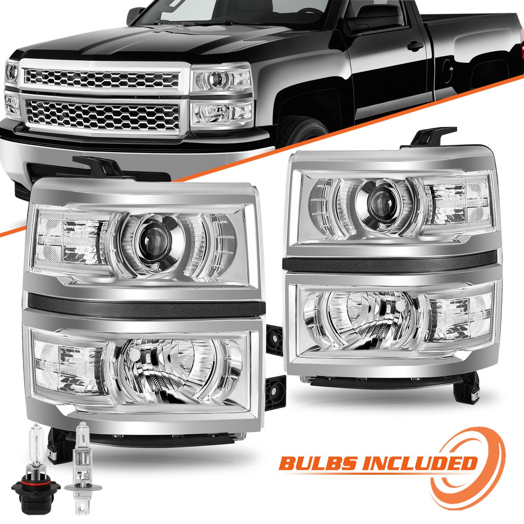 Chrome Projector Headlights For 2014-2015 Chevy Silverado 1500 Trim Headlamp w/B