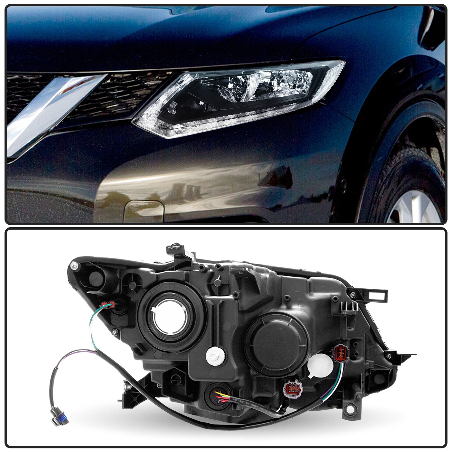 For 2014 2015 2016 Nissan Rogue Halogen LED DRL Black Headlights Assembly Lamps