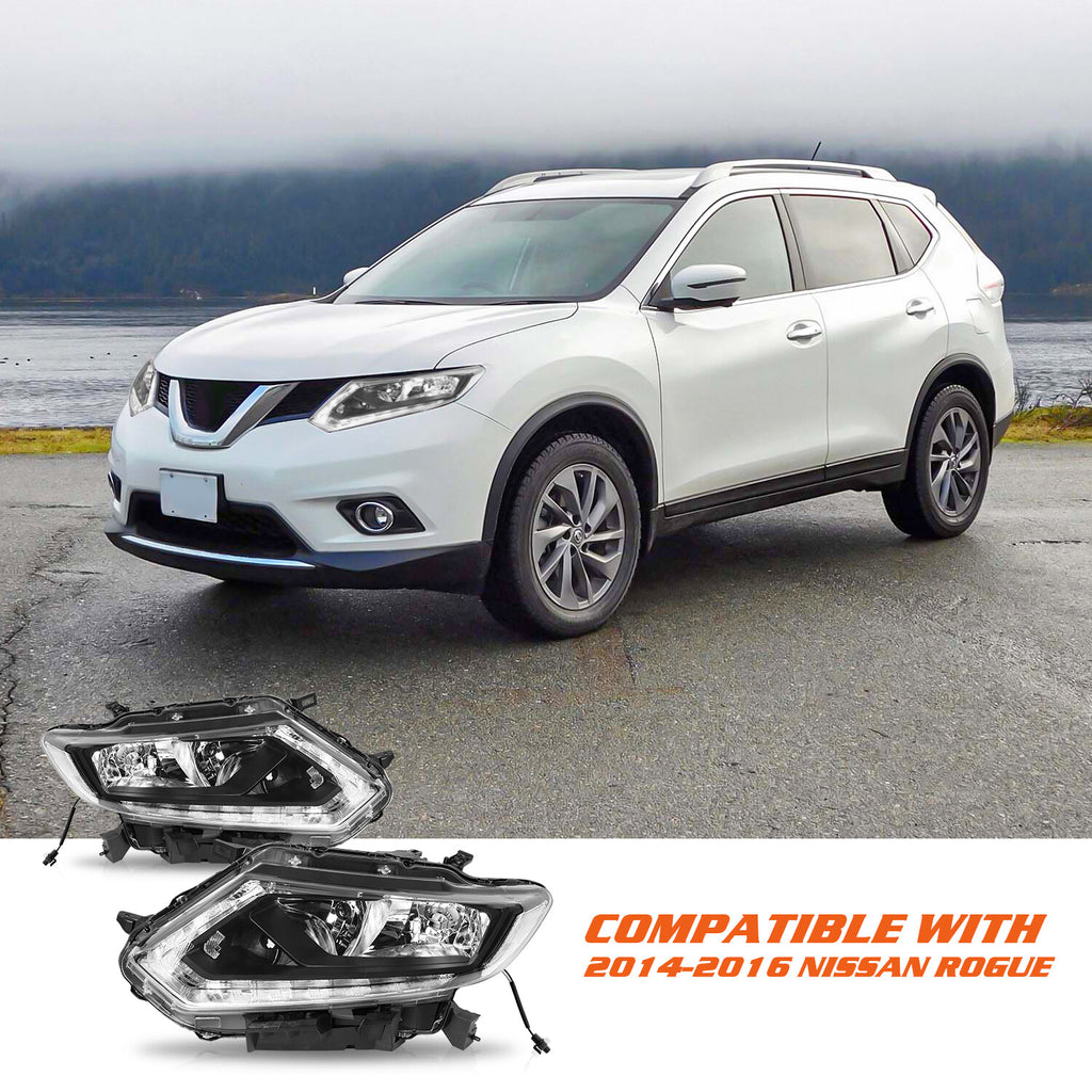For 2014 2015 2016 Nissan Rogue Halogen LED DRL Black Headlights Assembly Lamps