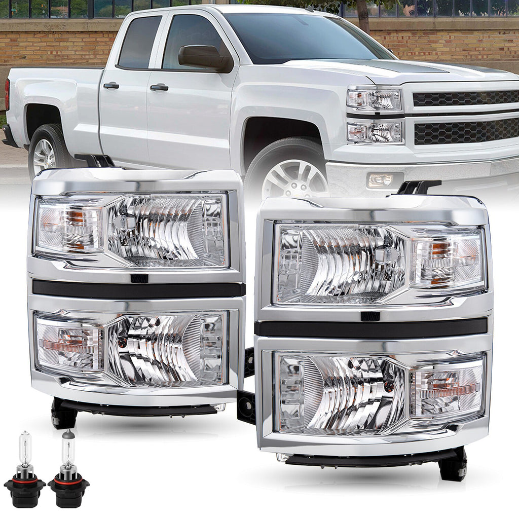 Pairs For 2014-2015 Chevy Silverado 1500 Chrome Headlights Headlamps Set w/Bulbs