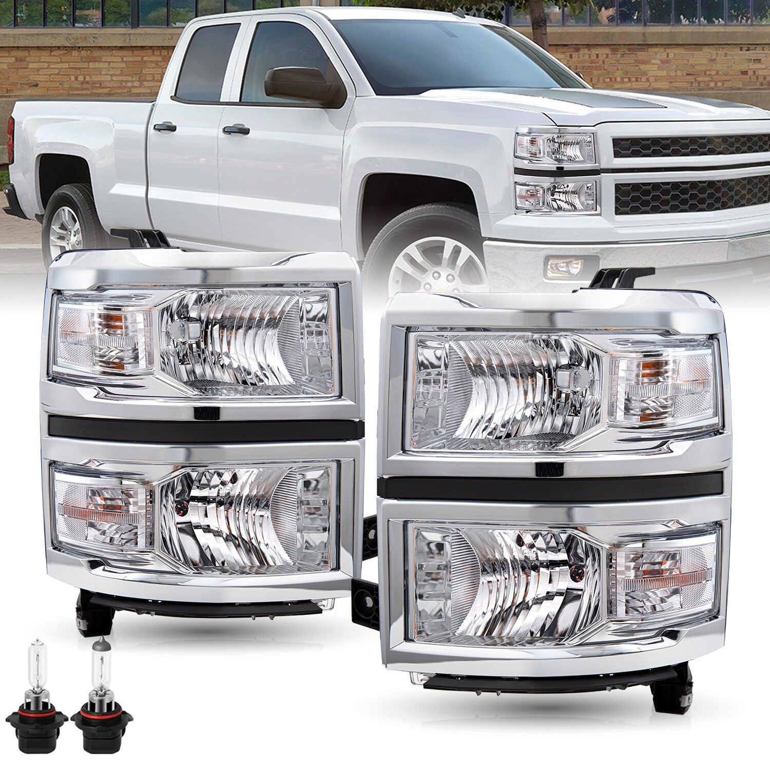 Pairs For 2014-2015 Chevy Silverado 1500 Chrome Headlights Headlamps Set w/Bulbs