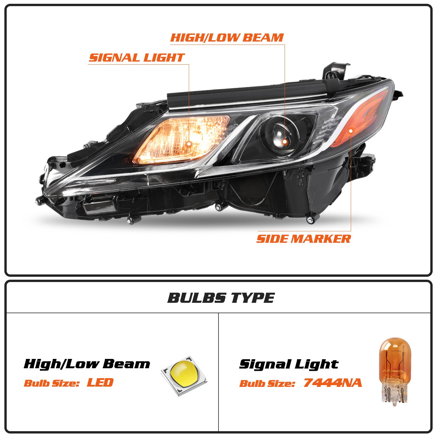 W / LED Projector Headlight for 2018-2023 Toyota Camry L LE SE 18-23 Headlamp