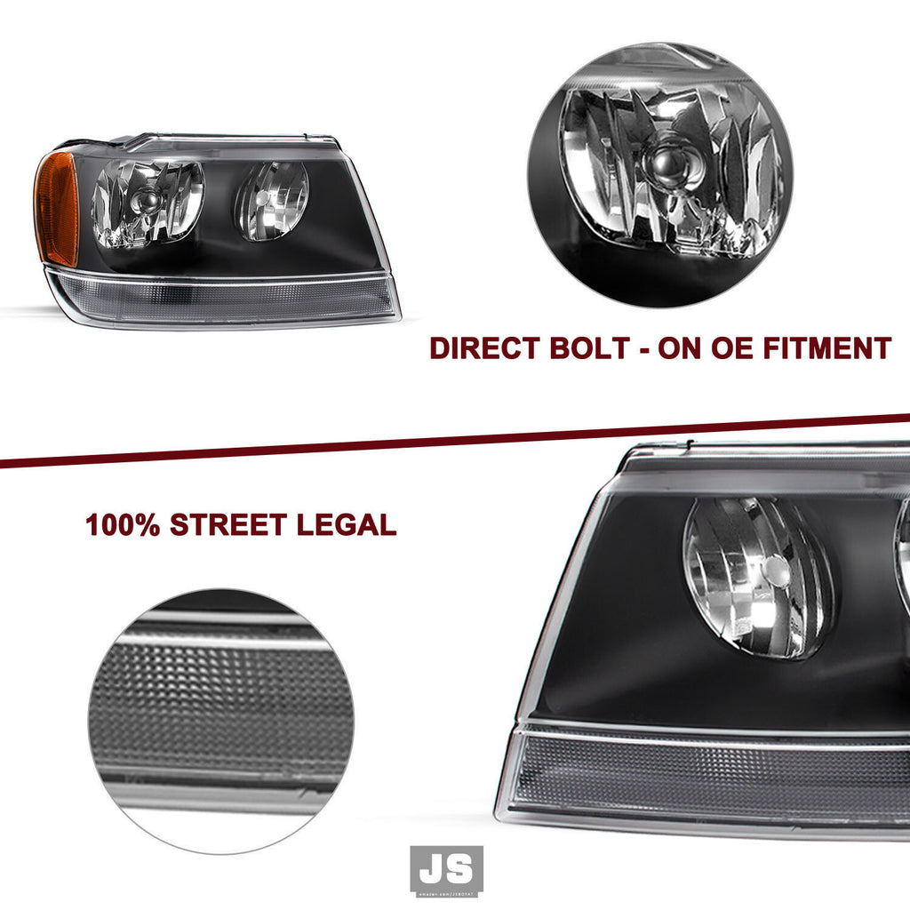 Pair Headlights For 1999-2004 Jeep Grand Cherokee Black Headlamps with Bulbs