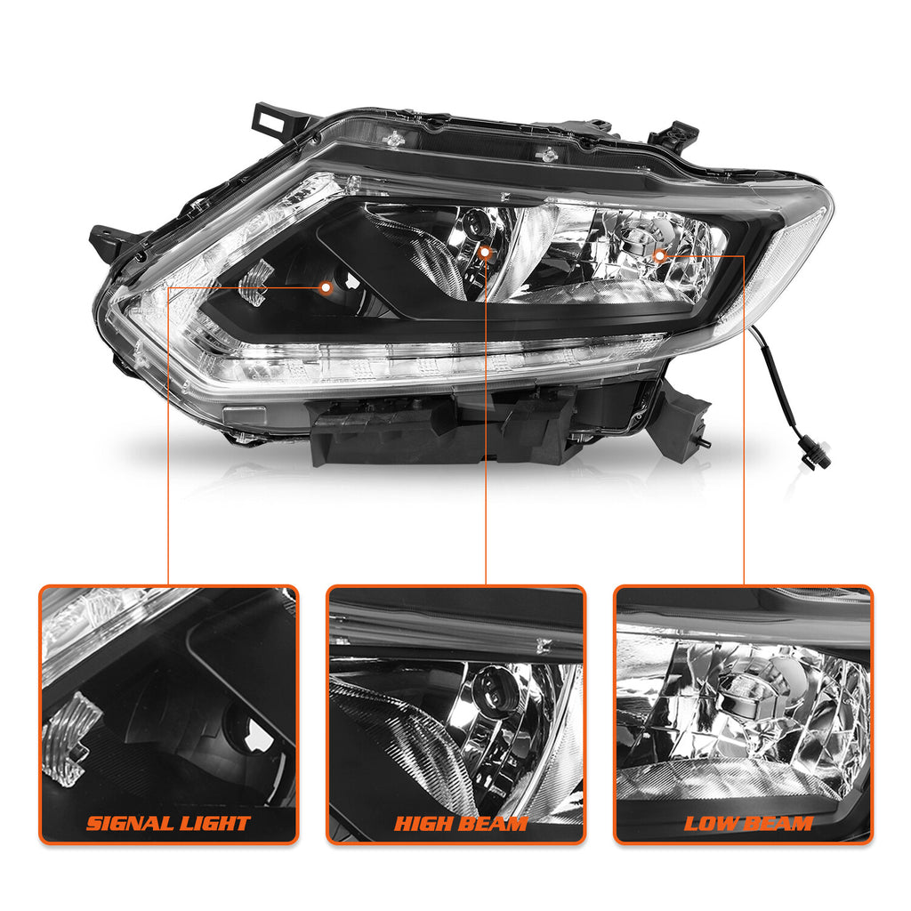 For 2014 2015 2016 Nissan Rogue Halogen LED DRL Black Headlights Assembly Lamps