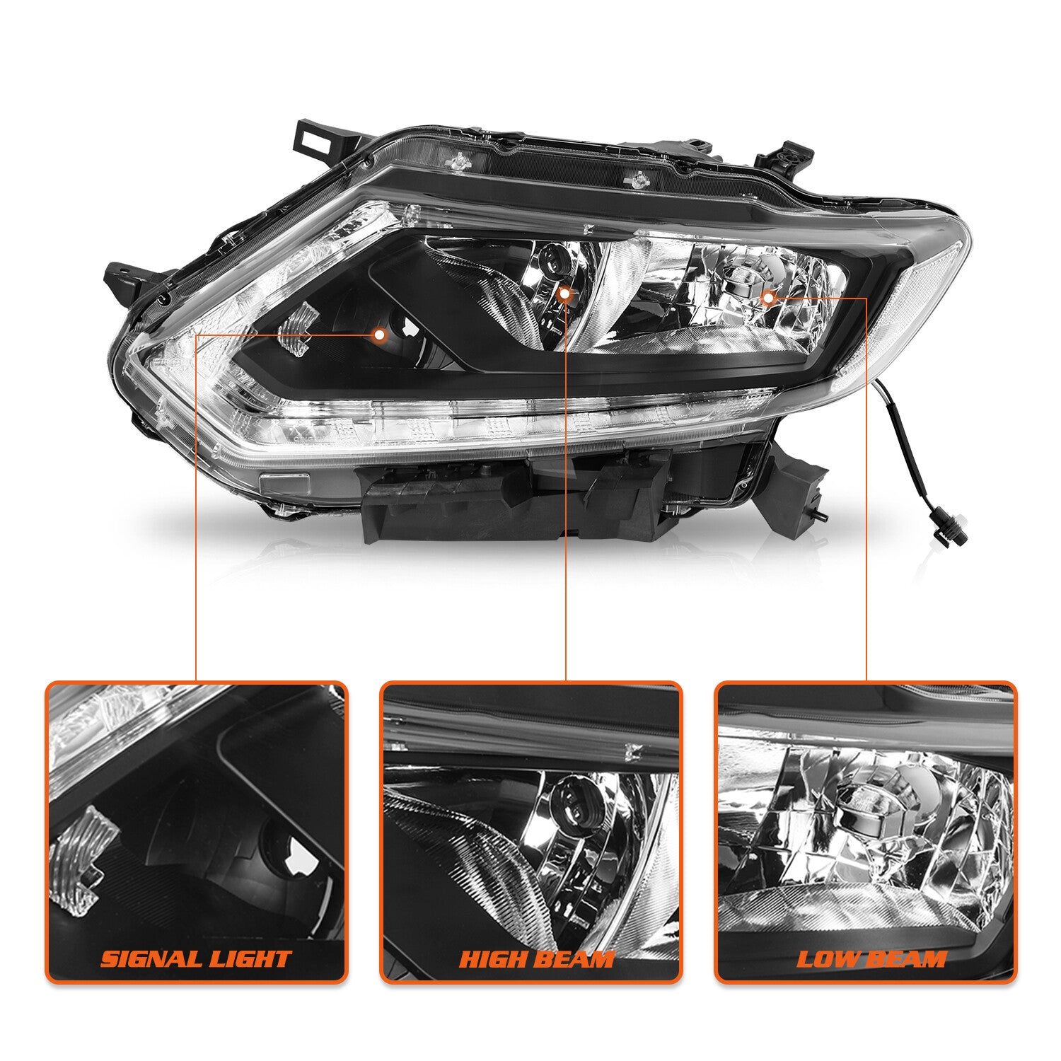 For 2014 2015 2016 Nissan Rogue Halogen LED DRL Black Headlights Assembly Lamps