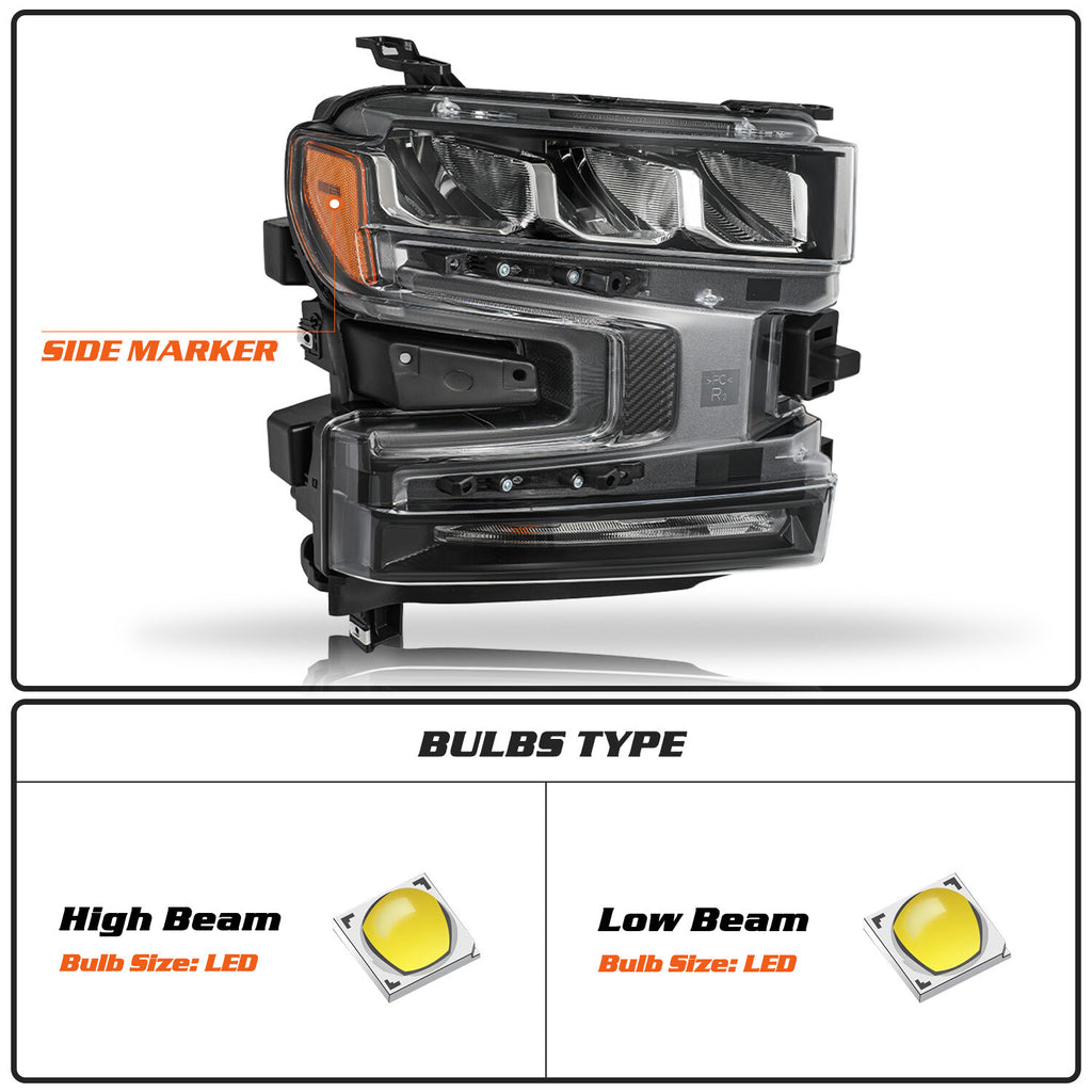 LED Headlight For 2019-2021 Chevy Silverado 1500 Headlamp Passenger Right Side