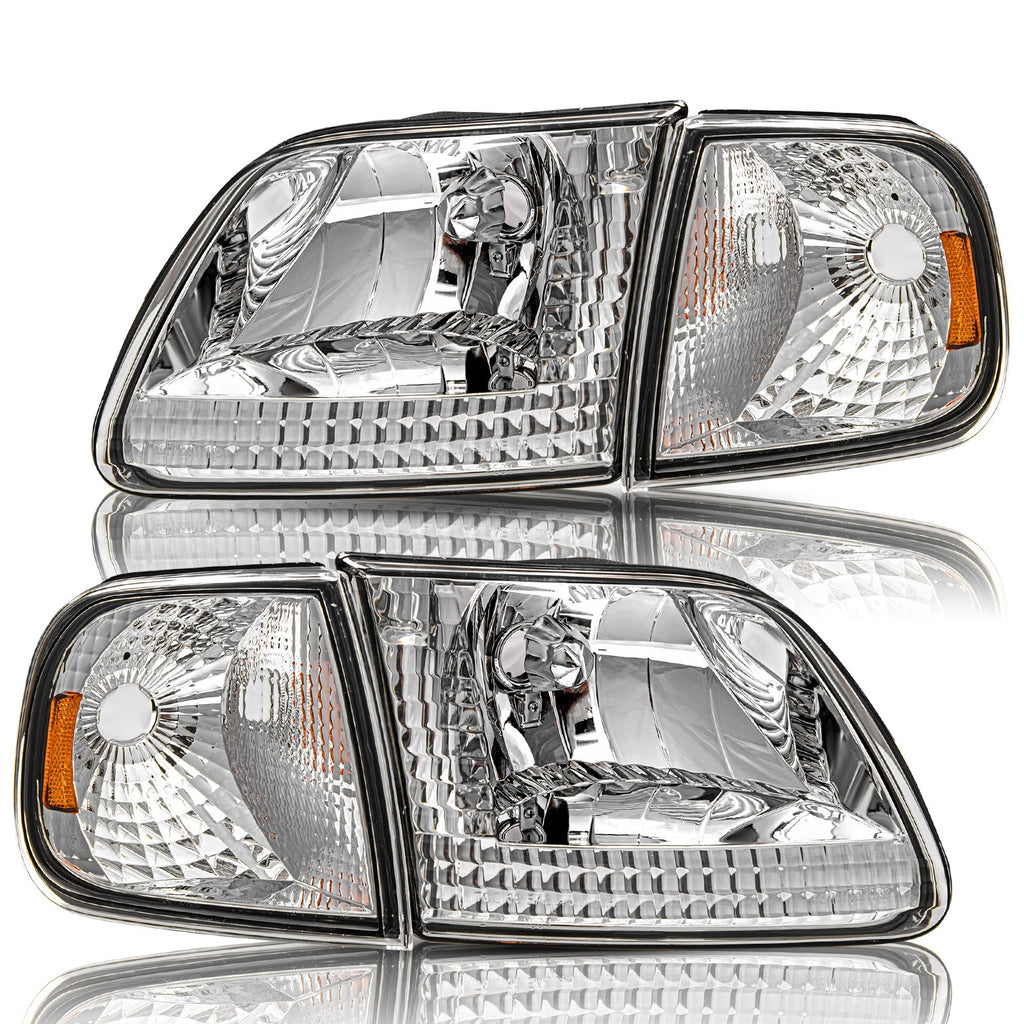 Headlights Pair Chrome w/Amber Corner For 1997-2003 Ford F150/97-02 Expedition