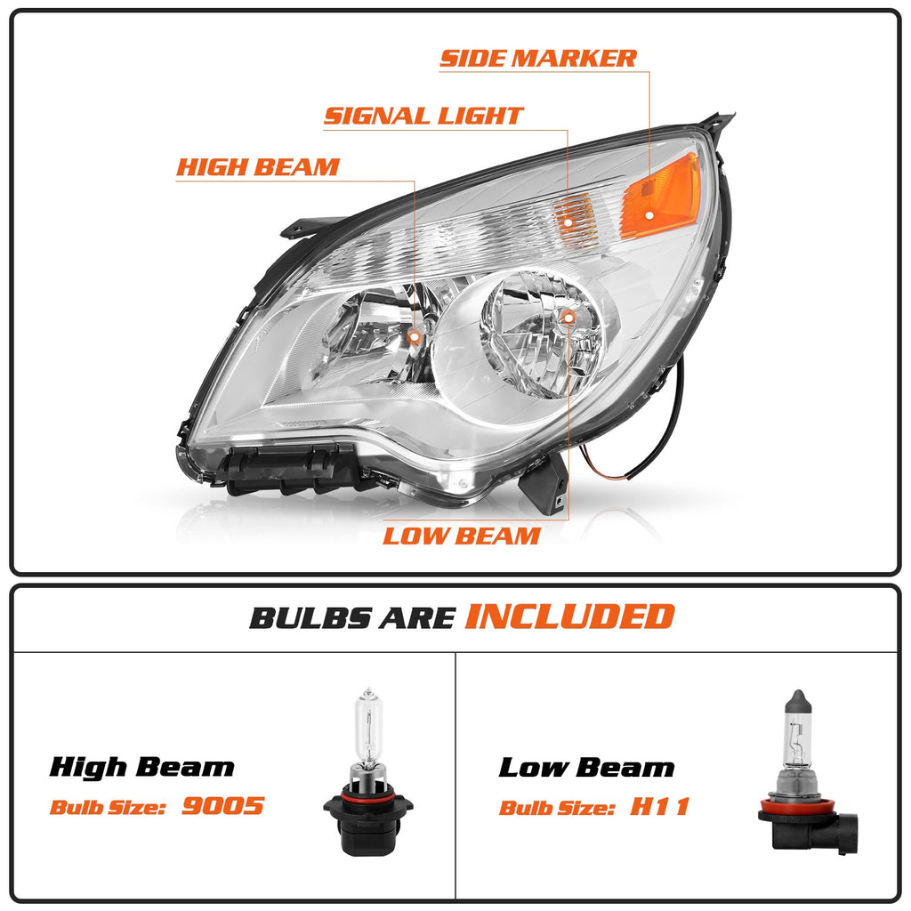 Halogen Chrome Headlights For 2010-2015 Chevy Equinox Driver Left w/ Bulbs