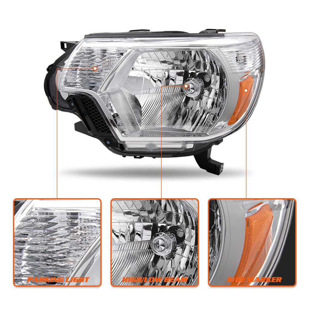 For 2012-2015 Toyota Tacoma Pickup Chrome Headlights Amber Corner Headlamps Pair
